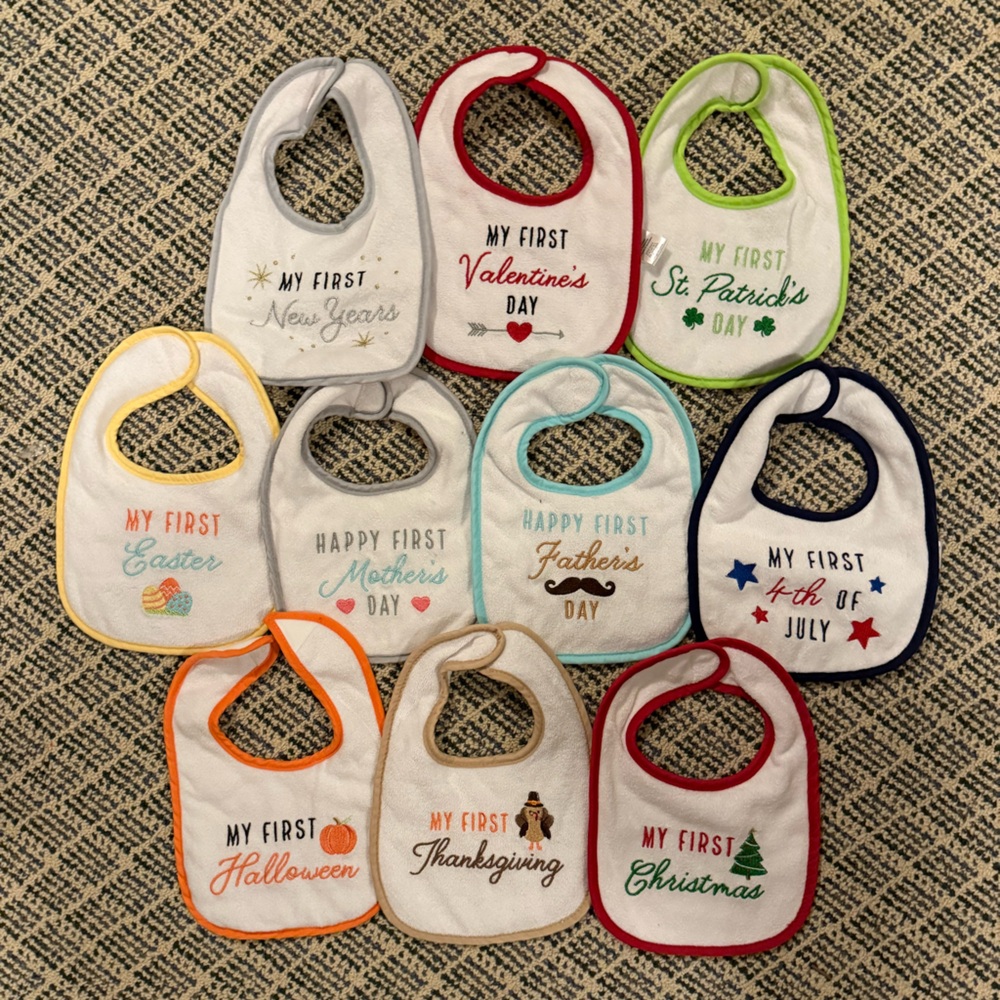 Set of 10 Baby Bibs with Embroidered Holiday Themes